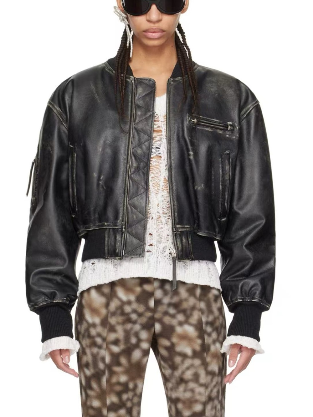 AcneStudio Black Distressed-Effect Leather Bomber Jacket
